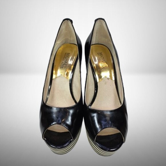 Michael Kors Black Leather Striped Peep Toe Platform Wedge Size: 7.5 - Picture 2 of 10
